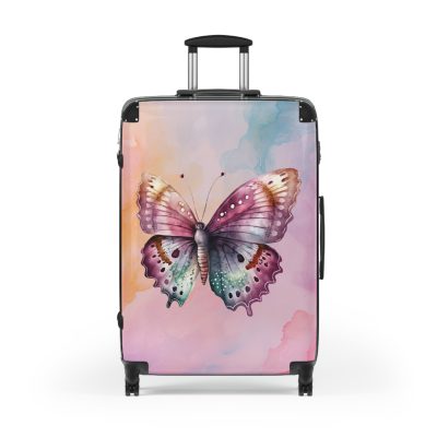 An exquisite pink suitcase featuring intricate butterfly patterns, embodying a perfect balance of style and resilience.