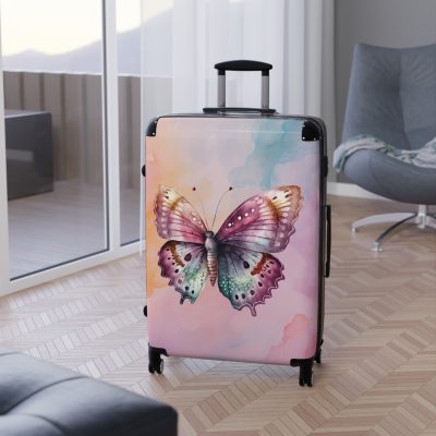 An exquisite pink suitcase featuring intricate butterfly patterns, embodying a perfect balance of style and resilience.