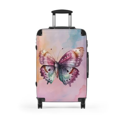 An exquisite pink suitcase featuring intricate butterfly patterns, embodying a perfect balance of style and resilience.