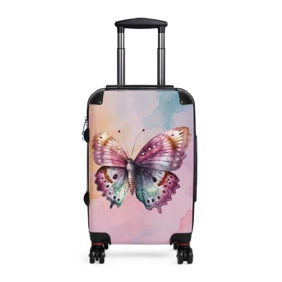 An exquisite pink suitcase featuring intricate butterfly patterns, embodying a perfect balance of style and resilience.