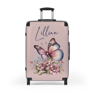 Custom Pink Butterfly Suitcase - Stylish luggage with a vibrant pink butterfly design for the fashion-forward traveler.