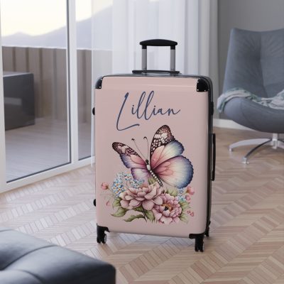 Custom Pink Butterfly Suitcase - Stylish luggage with a vibrant pink butterfly design for the fashion-forward traveler.