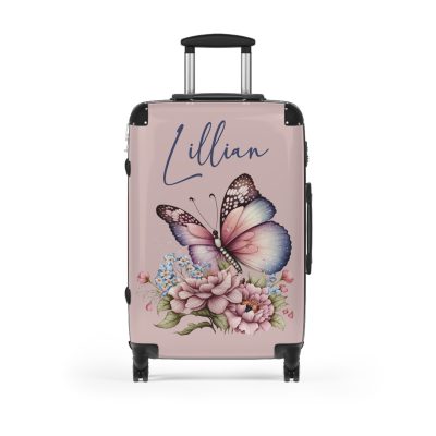 Custom Pink Butterfly Suitcase - Stylish luggage with a vibrant pink butterfly design for the fashion-forward traveler.