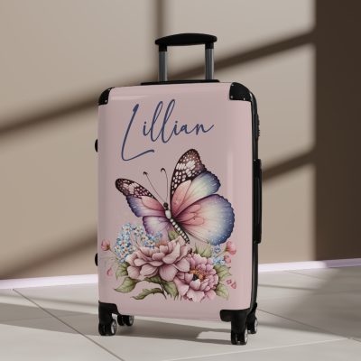 Custom Pink Butterfly Suitcase - Stylish luggage with a vibrant pink butterfly design for the fashion-forward traveler.