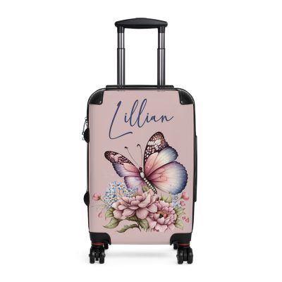 Custom Pink Butterfly Suitcase - Stylish luggage with a vibrant pink butterfly design for the fashion-forward traveler.