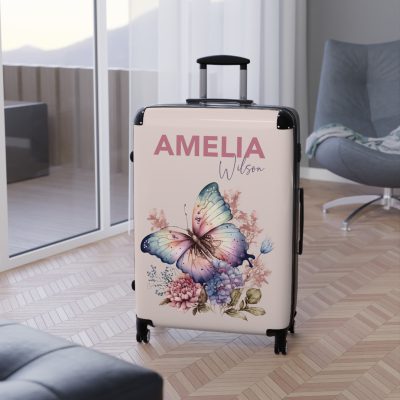 Custom Pink Butterfly Suitcase - Stylish luggage with a vibrant pink butterfly design for the fashion-forward traveler.