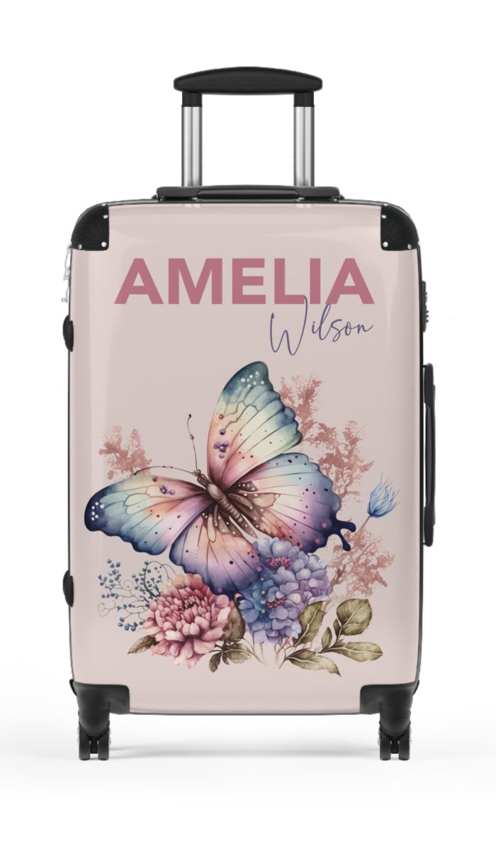 Custom Pink Butterfly Suitcase - Stylish luggage with a vibrant pink butterfly design for the fashion-forward traveler.