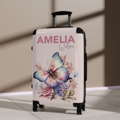 Custom Pink Butterfly Suitcase - Stylish luggage with a vibrant pink butterfly design for the fashion-forward traveler.