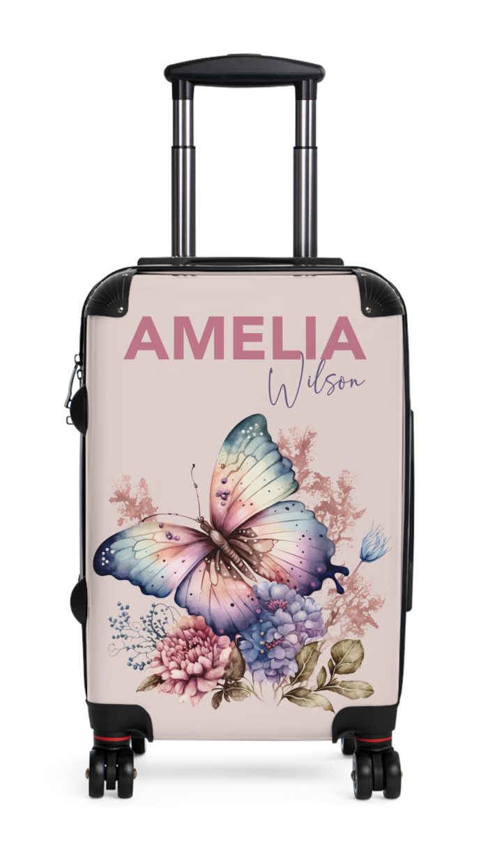 Custom Pink Butterfly Suitcase - Stylish luggage with a vibrant pink butterfly design for the fashion-forward traveler.