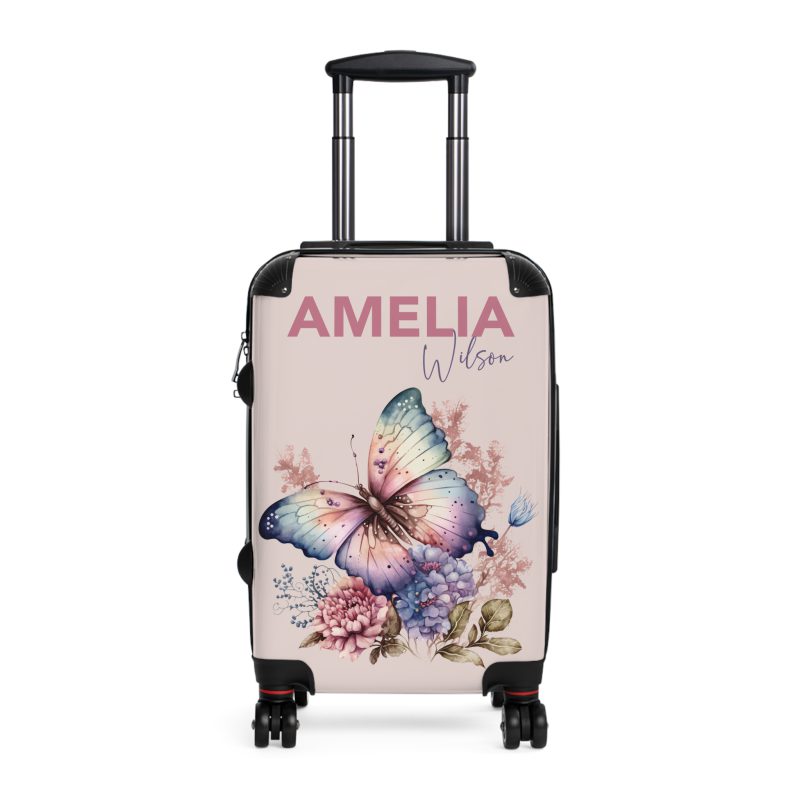 Custom Pink Butterfly Suitcase - Stylish luggage with a vibrant pink butterfly design for the fashion-forward traveler.