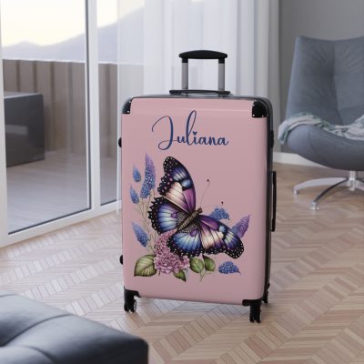 Custom Purple Butterfly Suitcase - A personalized travel companion with a stunning purple butterfly design, expressing individuality in every journey.