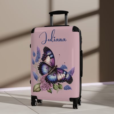 Custom Purple Butterfly Suitcase - A personalized travel companion with a stunning purple butterfly design, expressing individuality in every journey.