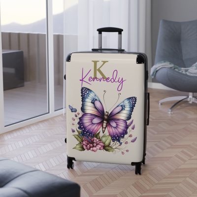 Custom Purple Butterfly Suitcase - A personalized travel companion with a stunning purple butterfly design, expressing individuality in every journey.