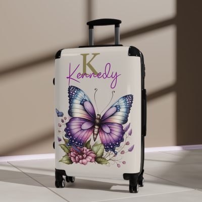 Custom Purple Butterfly Suitcase - A personalized travel companion with a stunning purple butterfly design, expressing individuality in every journey.