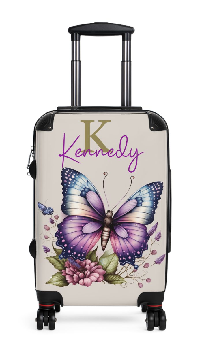 Custom Purple Butterfly Suitcase - A personalized travel companion with a stunning purple butterfly design, expressing individuality in every journey.