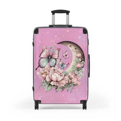 Flower Moon Butterfly Suitcase - A celestial masterpiece adorned with flowers and butterflies, perfect for wanderers under the moonlit sky.