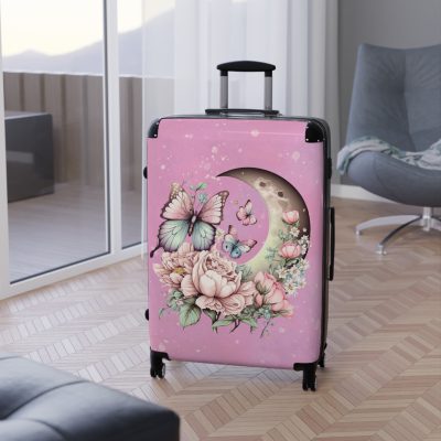 Flower Moon Butterfly Suitcase - A celestial masterpiece adorned with flowers and butterflies, perfect for wanderers under the moonlit sky.