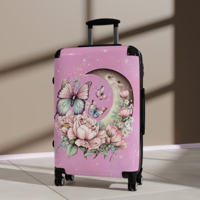 Flower Moon Butterfly Suitcase - A celestial masterpiece adorned with flowers and butterflies, perfect for wanderers under the moonlit sky.