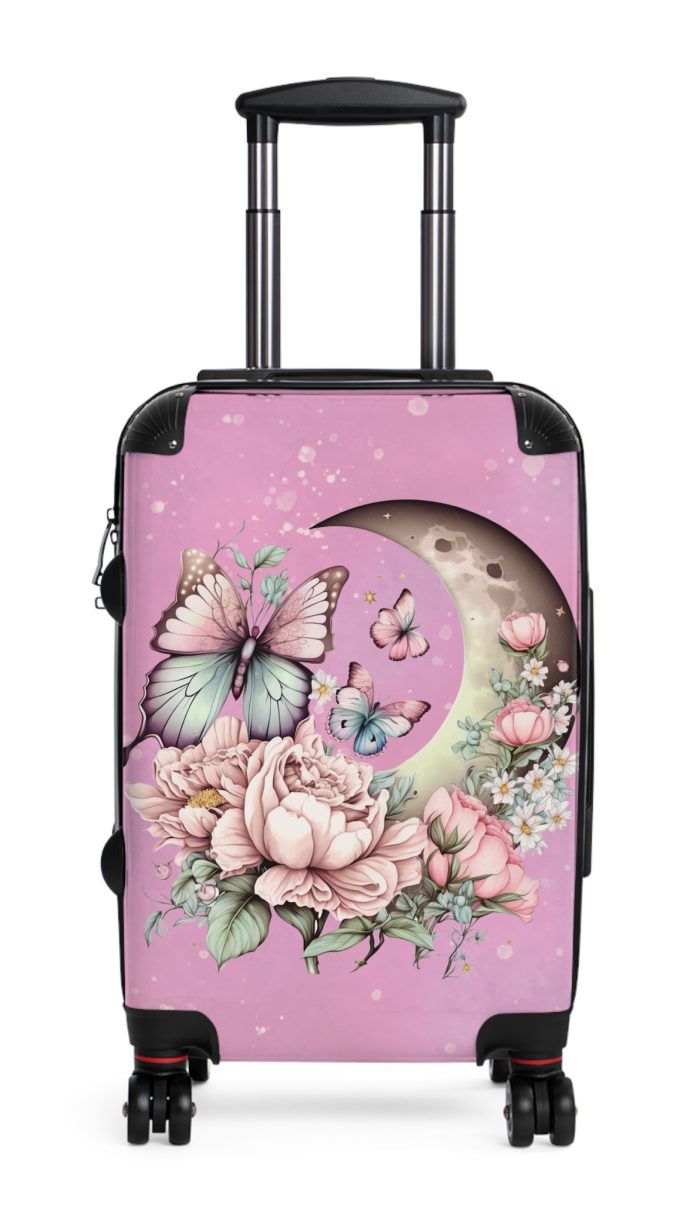 Flower Moon Butterfly Suitcase - A celestial masterpiece adorned with flowers and butterflies, perfect for wanderers under the moonlit sky.