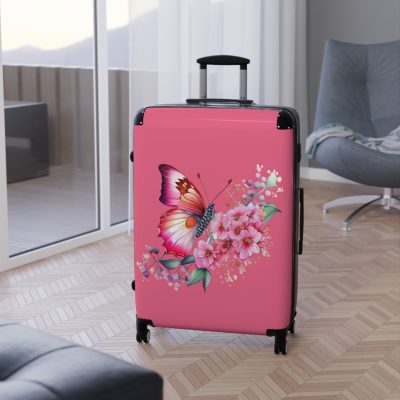 Pink Butterfly Floral Suitcase - A chic travel companion featuring delicate pink hues and butterfly motifs, combining fashion with durability.