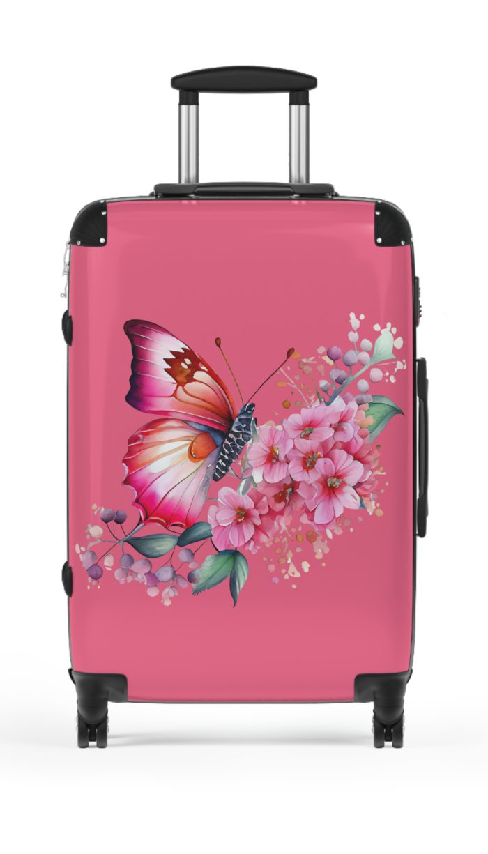 Pink Butterfly Floral Suitcase - A chic travel companion featuring delicate pink hues and butterfly motifs, combining fashion with durability.