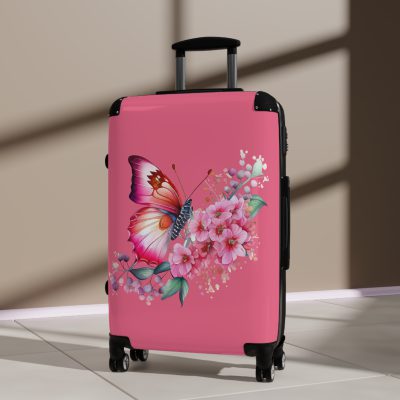 Pink Butterfly Floral Suitcase - A chic travel companion featuring delicate pink hues and butterfly motifs, combining fashion with durability.