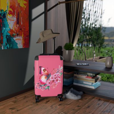 Pink Butterfly Floral Suitcase - A chic travel companion featuring delicate pink hues and butterfly motifs, combining fashion with durability.