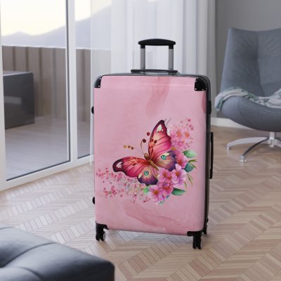 Pink Butterfly Floral Suitcase - A chic travel companion featuring delicate pink hues and butterfly motifs, combining fashion with durability.