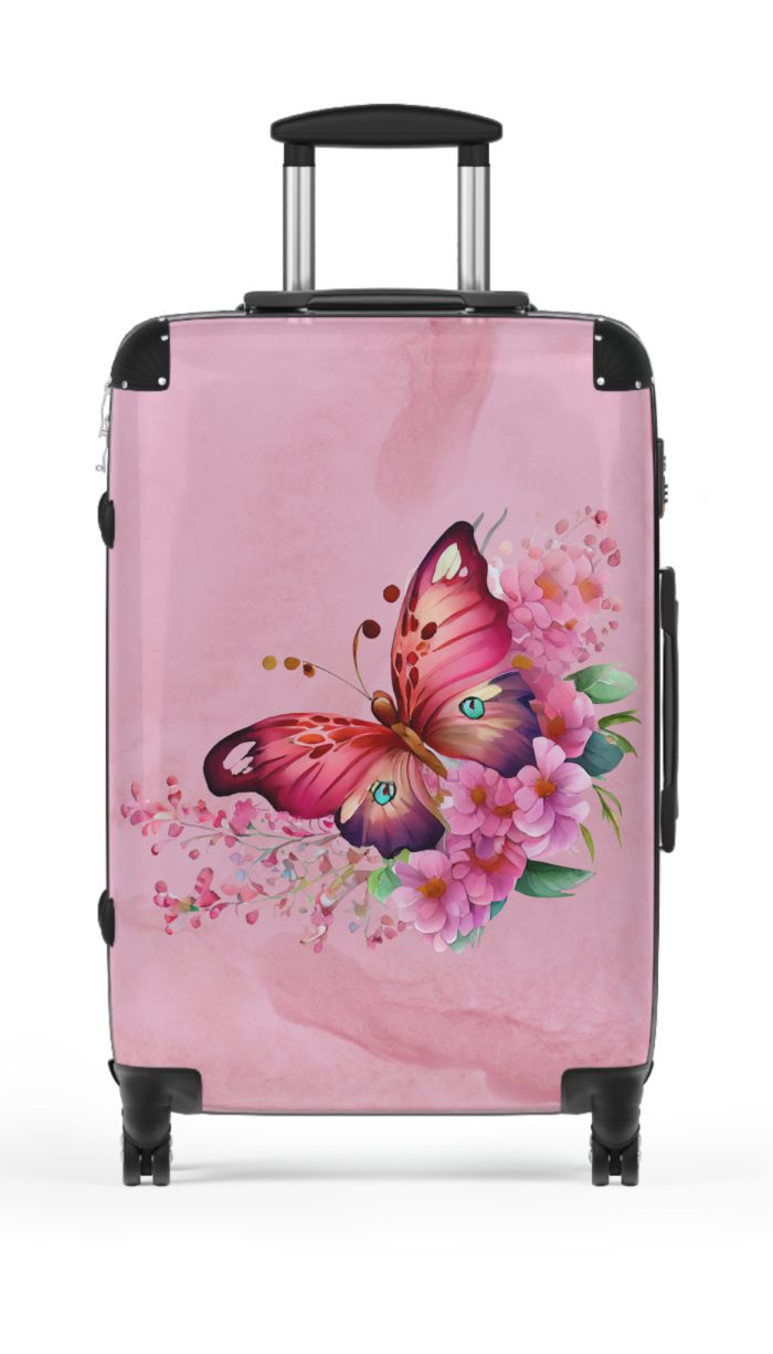 Pink Butterfly Floral Suitcase - A chic travel companion featuring delicate pink hues and butterfly motifs, combining fashion with durability.