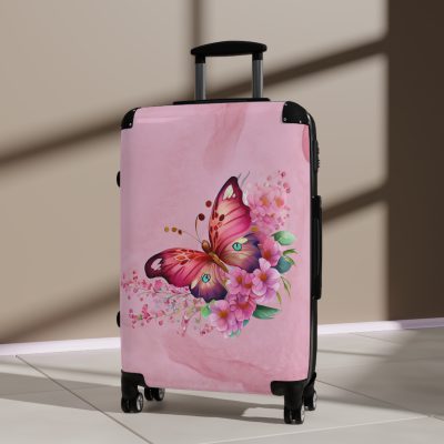 Pink Butterfly Floral Suitcase - A chic travel companion featuring delicate pink hues and butterfly motifs, combining fashion with durability.