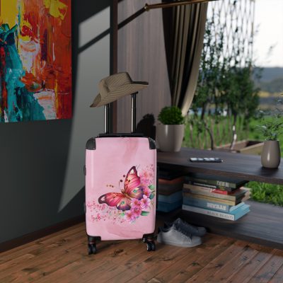 Pink Butterfly Floral Suitcase - A chic travel companion featuring delicate pink hues and butterfly motifs, combining fashion with durability.