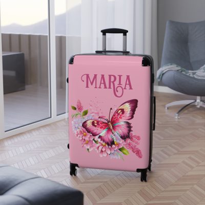 Custom Pink Butterfly Floral Suitcase - Design your travel companion with unique pink hues and butterfly motifs, expressing your individuality.