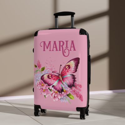 Custom Pink Butterfly Floral Suitcase - Design your travel companion with unique pink hues and butterfly motifs, expressing your individuality.