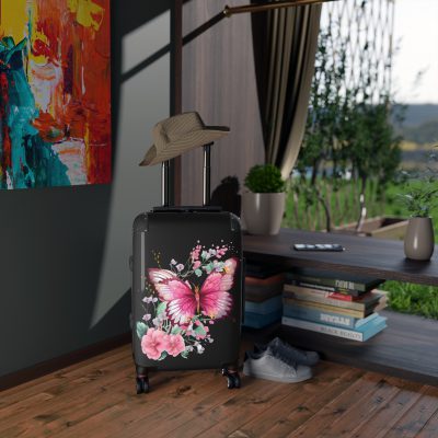 Pink Butterfly Floral Suitcase - A chic travel companion featuring delicate pink hues and butterfly motifs, combining fashion with durability.