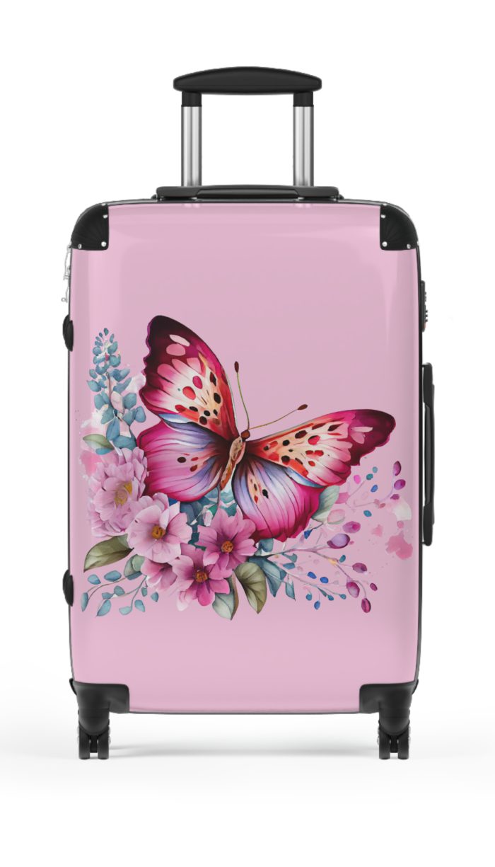 Pink Butterfly Floral Suitcase - A chic travel companion featuring delicate pink hues and butterfly motifs, combining fashion with durability.