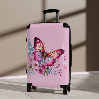 Pink Butterfly Floral Suitcase - A chic travel companion featuring delicate pink hues and butterfly motifs, combining fashion with durability.