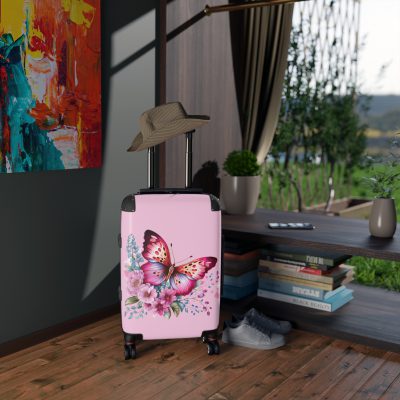 Pink Butterfly Floral Suitcase - A chic travel companion featuring delicate pink hues and butterfly motifs, combining fashion with durability.