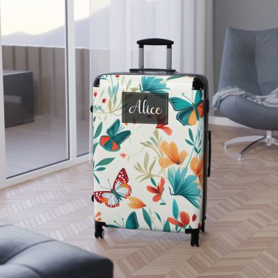 Custom Floral Butterfly Suitcase - A personalized travel essential adorned with intricate floral and butterfly designs, combining style and individuality.