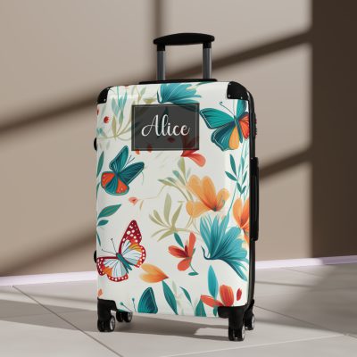 Custom Floral Butterfly Suitcase - A personalized travel essential adorned with intricate floral and butterfly designs, combining style and individuality.