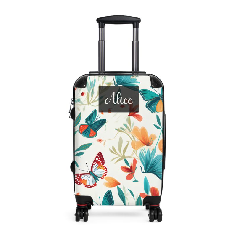 Custom Floral Butterfly Suitcase - A personalized travel essential adorned with intricate floral and butterfly designs, combining style and individuality.