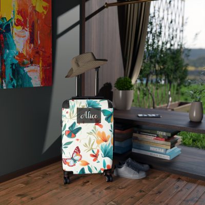 Custom Floral Butterfly Suitcase - A personalized travel essential adorned with intricate floral and butterfly designs, combining style and individuality.