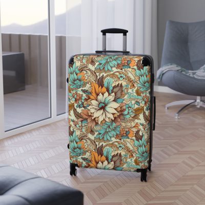 Boho Floral Suitcase - A stylish suitcase adorned with intricate floral patterns for travelers who love both fashion and function.