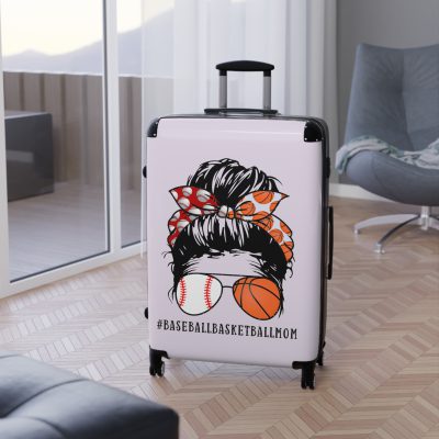 Baseball Basketball Mom Suitcase - Personalized luggage designed for sports-loving moms, featuring a unique blend of baseball and basketball themes.