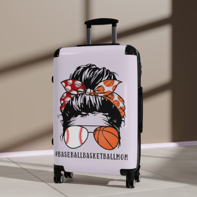 Baseball Basketball Mom Suitcase - Personalized luggage designed for sports-loving moms, featuring a unique blend of baseball and basketball themes.