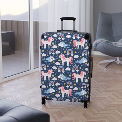 Enchanting rainbow unicorn suitcase, perfect for unicorn enthusiasts. Vibrant design and durable build make it a magical and practical travel companion.