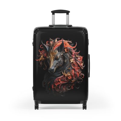 Elegant gothic black horse suitcase, a timeless and stylish travel essential. Crafted for durability and sophistication, it's the perfect travel companion for the discerning adventurer.