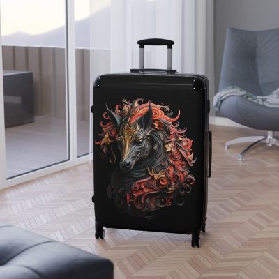 Elegant gothic black horse suitcase, a timeless and stylish travel essential. Crafted for durability and sophistication, it's the perfect travel companion for the discerning adventurer.