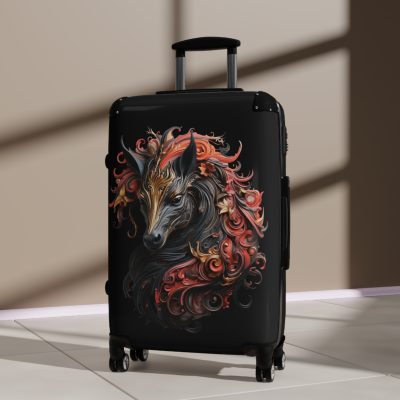 Elegant gothic black horse suitcase, a timeless and stylish travel essential. Crafted for durability and sophistication, it's the perfect travel companion for the discerning adventurer.