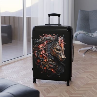 Elegant gothic black horse suitcase, a timeless and stylish travel essential. Crafted for durability and sophistication, it's the perfect travel companion for the discerning adventurer.