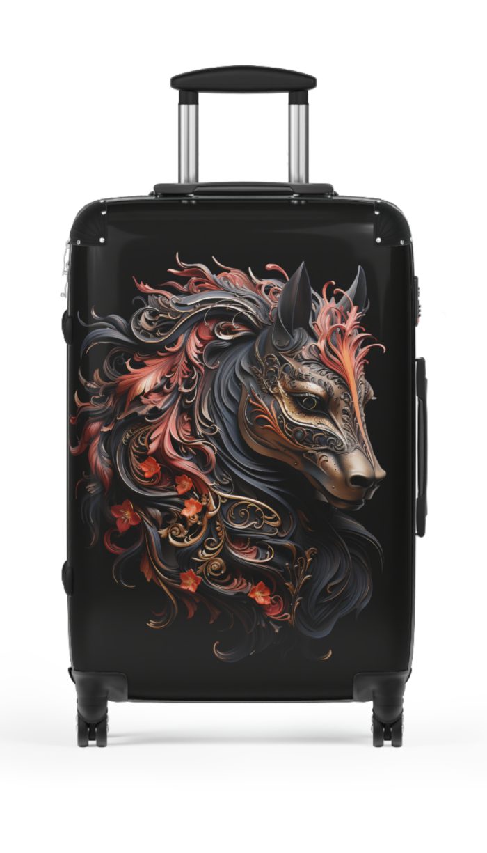 Elegant gothic black horse suitcase, a timeless and stylish travel essential. Crafted for durability and sophistication, it's the perfect travel companion for the discerning adventurer.